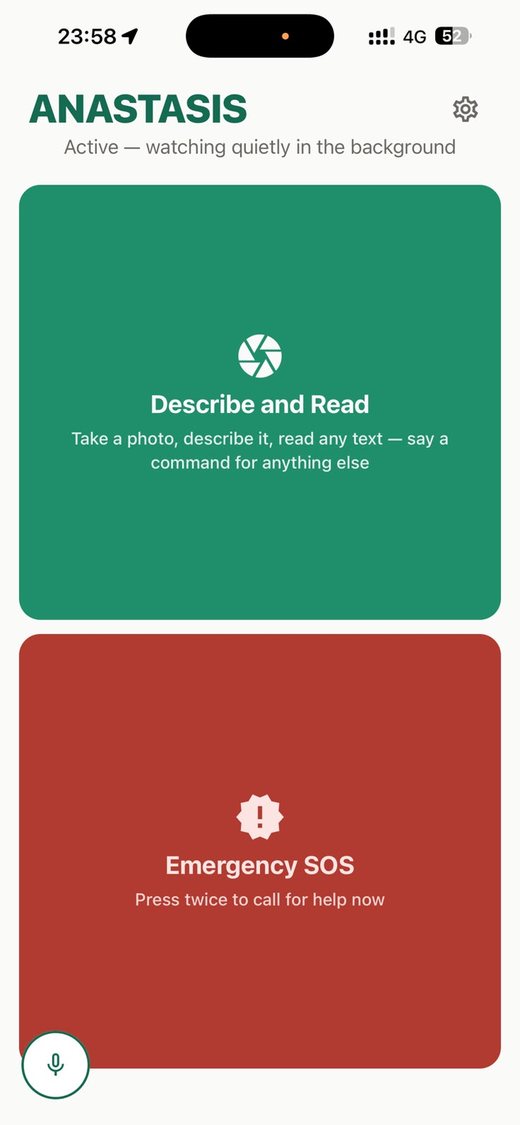 Anastasis home screen with two large zones: Describe and Read, and Emergency SOS
