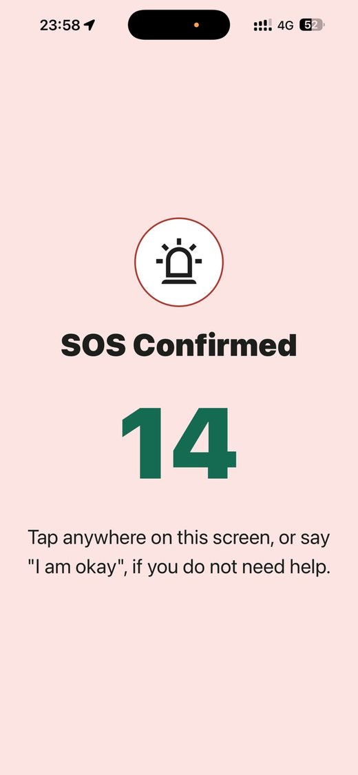SOS Confirmed screen with a 14 second countdown before alerting the emergency contact