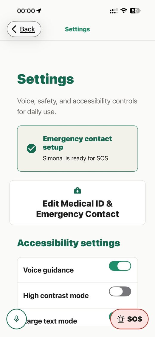 Settings screen with voice guidance, high contrast, and large text controls