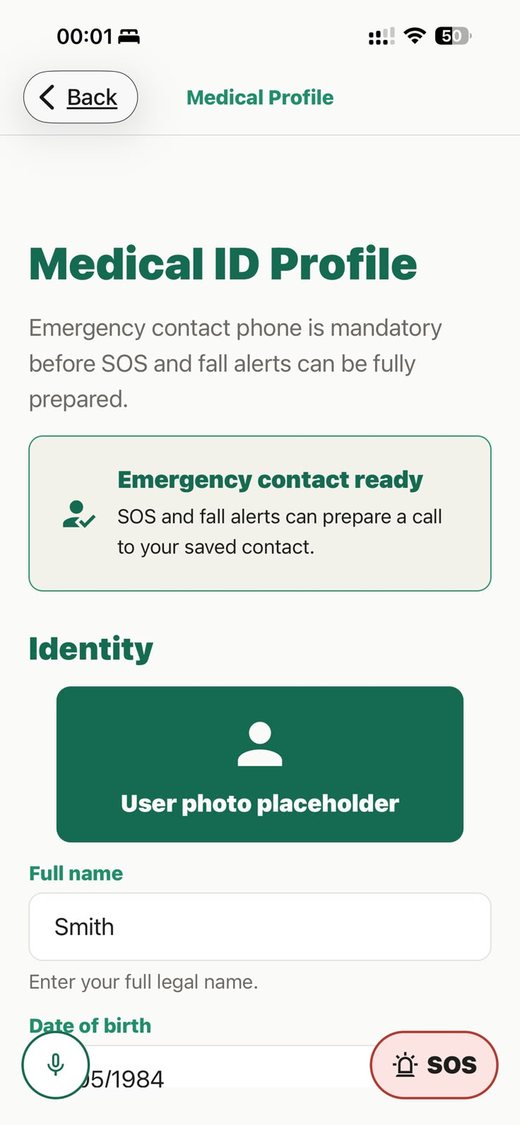 Medical ID Profile screen showing full name and date of birth