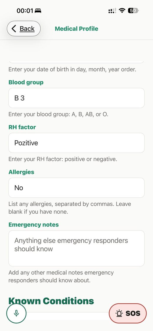Medical ID Profile screen showing blood group, RH factor, allergies, and emergency notes
