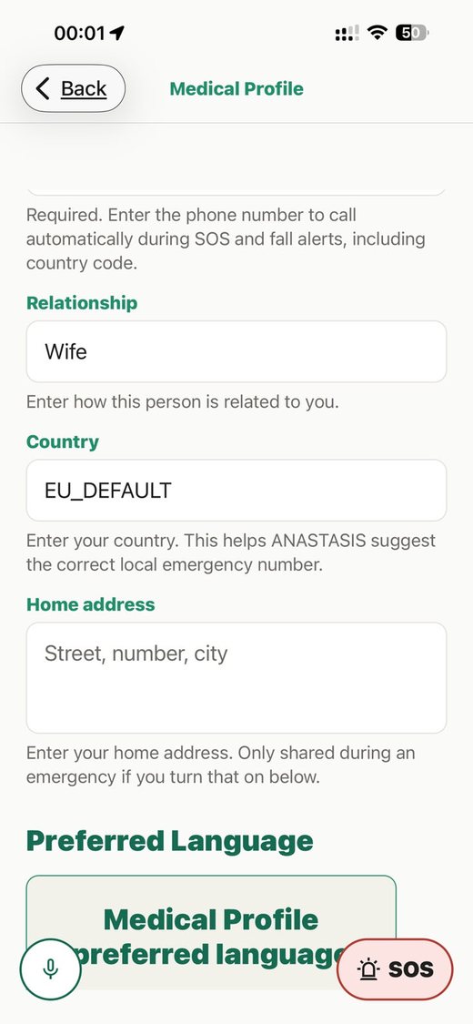 Medical ID Profile screen showing emergency contact relationship, country, and home address